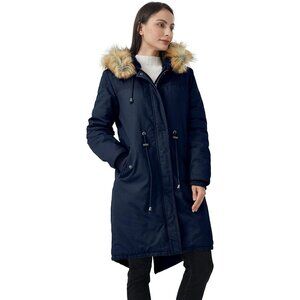 Women's Dark Blue Fluffy Fur Lined Long Sleeve Hooded Vest Jacket Coat Warm